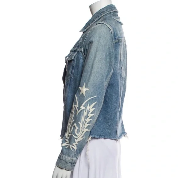ALLSAINTS Denim Jacket Raw Hem Embroidered Sleeves Ribbed Size XS Washed Blue - Picture 3 of 9